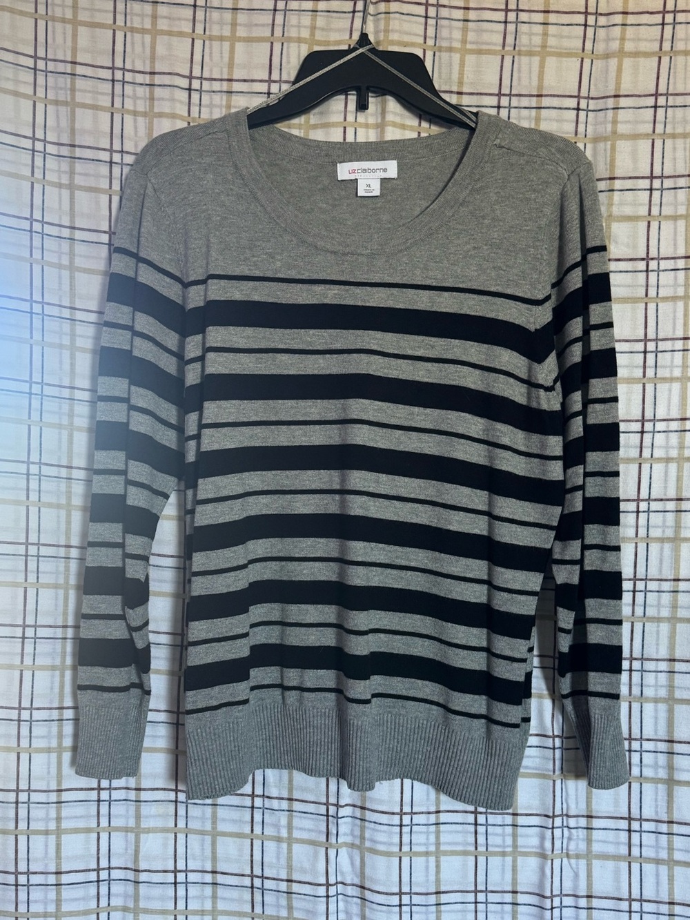 Liz Claiborne Gray and Black Striped Crewneck Sweater